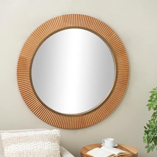 43" Brown Wood Fluted Room Wall Mirror with Scalloped Edge